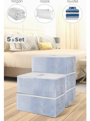 Serstil 5 Adet - Mini Boy Baskı Detaylı Mavi Çizgili Hurç 30 x 22 x 18 cm