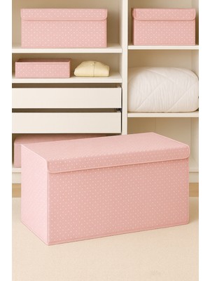 Serstil Pembe Puantiyeli Mega Boy Destekli Sert Karton Kapaklı Kutu Hurç 70X40X30 cm