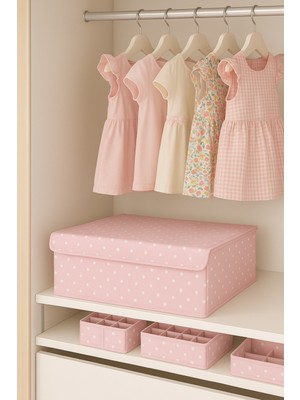 Serstil Sert Karton Pembe Puantiyeli Kapaklı Baza Altı Kutu Hurç Organizer