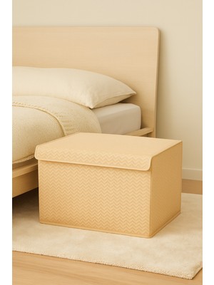 Serstil Orta Boy Kapaklı Kutu Hurç – Kıyafet Battaniye Saklama Kutusu Organizer 50X40X30 cm - Bej Martı