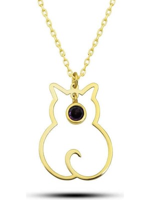 Inure Jewelry Gümüş Şubat Ayı Doğum Taşı Kedi Kadın Kolye