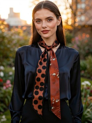 Kadın Siyah Çiçek Puantiye Modern Geometrik Desenli Fular– Ofis ve Günlük Stil