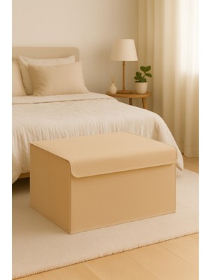 Serstil Büyük Boy Destekli Kapaklı Kutu Hurç – Yorgan Battaniye Saklama Kutusu Organizer 60X40X30 - Bej