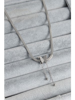 Net Damla 316L Çelik Gümüş Renk Italyan Zincir Model Simli Kelebek Figür Kadın Kolye