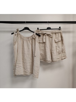 Della Moor Kadın Bej Italyan Sıfır Kol Şortlu Keten Takım