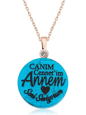 Inure Jewelry ​gümüş Rose Turkuaz Taşlı Annem Yazılı Kadın Kolye