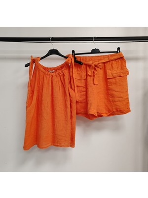 Della Moor Kadın Turuncu Italyan Sıfır Kol Şortlu Keten Takım