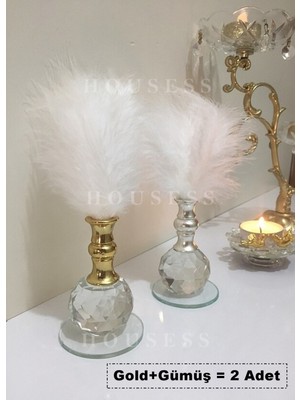 PremiumPort Iki Adet Beyaz Tüylü Gold ve Gümüş Kristal Top Dekoratif Biblo Seti