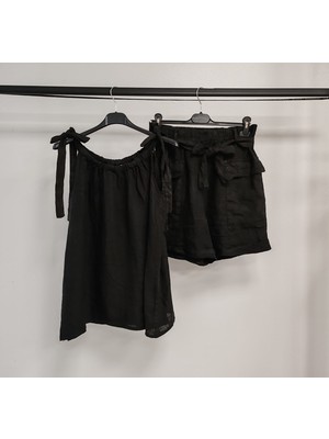 Della Moor Kadın Siyah Italyan Sıfır Kol Şortlu Keten Takım