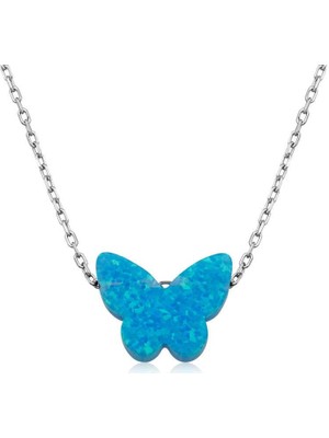 Inure Jewelry Gümüş Mavi Opal Taş Kelebek Bayan Kolye