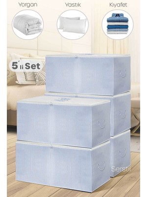 Serstil 5 Adet - Orta Boy Mavi Çizgili Hurç 63 x 40 x 34 cm