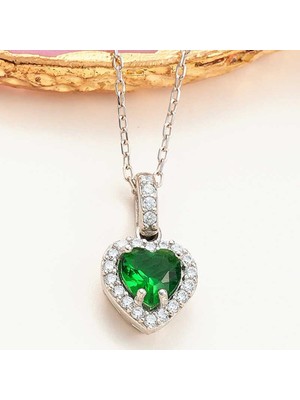 Inure Jewelry Gümüş Yeşil Taşlı Kalpli Kadın Kolye