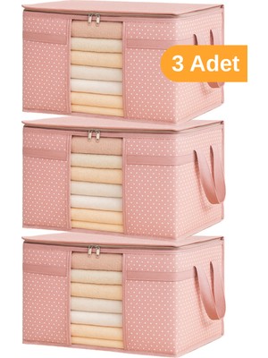 Serstil 3 Adet - Pencereli Kazak Kıyafet Hurcu 45 x 40 x 30 cm - Pembe Benekli