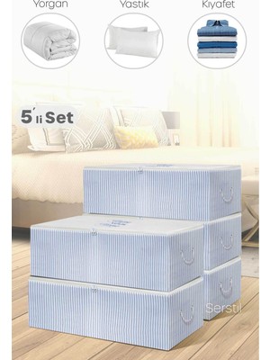Serstil 5 Adet - Büyük Boy Baza Altı Mavi Çizgili Hurç 62 x 46 x 22 cm