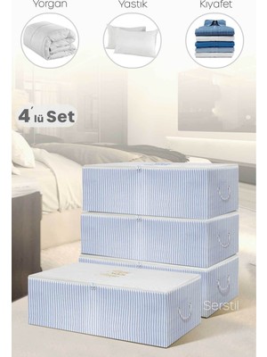 Serstil 4 Adet - Büyük Boy Baza Altı Mavi Çizgili Hurç 62 x 46 x 22 cm
