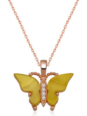 Inure Jewelry Gümüş Rose Sarı Kaplangözü Taşlı Kelebek Kolye