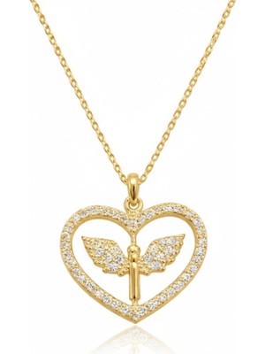 Inure Jewelry Gümüş Gold Mikail Meleği Figürlü Kalp Kadın Kolye