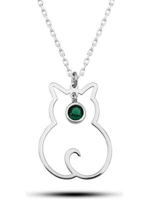 Inure Jewelry Gümüş Mayıs Ayı Doğum Taşı Kedi Kadın Kolye