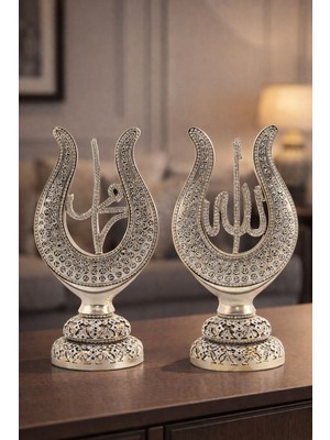 Deco Elit Allah & Muhammed Yazılı Lale Taşlı Silver Masa Üstü Dekor Seti – Klasik ve Asil Tasarım 22CM