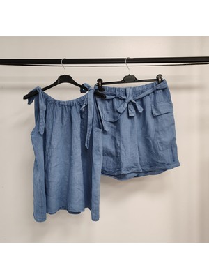 Della Moor Kadın Mavi Italyan Sıfır Kol Şortlu Keten Takım