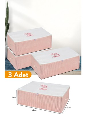 Serstil 3 Adet - Büyük Boy Baza Altı Pembe Çizgili Hurç 62 x 46 x 22 cm