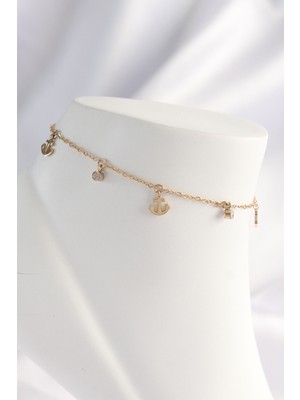 Net Damla 316L Çelik Gold Renk Zirkon Taşlı Minimal Çapa Tasarımlı Halhal