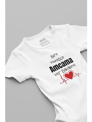 Overoz Beni Yavaşça Amcama Ver Desenli Kısa Kollu Beyaz Bebek Body Zıbın 5589