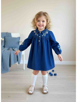 Hyggestylez Mavi Kot Nakışlı Kız Çocuk Elbise