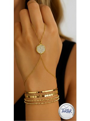 Taktak Altın Renk Yuvarlak Beyaz Taş Sf Sf Zincir Çelik Şahmeran