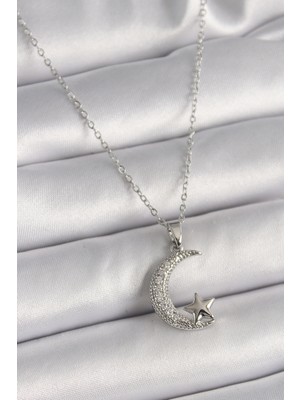 Net Damla 316L Çelik Gümüş Renk Zincir Zirkon Taşlı Hilal Model Yıldız Detay Kadın Kolye