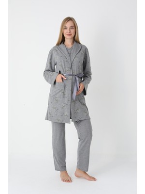 Erdeniz Tekstil Uzun Kol Penye Hamile Pijama ve Sabahlık Takımı Lohusa Seti 3'lü Takım