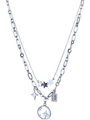 Klips Toptan Çift Kordon Kuzey Yıldız Tasarım Kolye