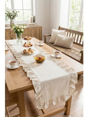 PremiumPort Doğal Keten Fırfırlı Runner, Şık ve Zarif Dekorasyon Parçası