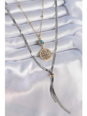 Net Damla 316L Çelik Mix Renk Filiz Figür Nazar Boncuk Detay Uzun Kadın Kolye