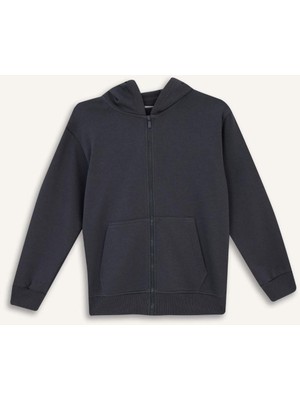 Kyex Kids Unisex Çocuk Antrasit Fermuarlı Kapüşonlu Sweatshirt Okul - Günlük Için En Rahat Basic Hırka 3-10YAŞ