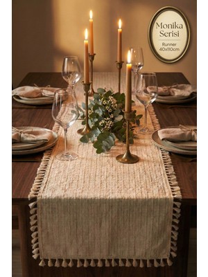 PremiumPort Vintage Kare Desenli Buldan Bezi, Püsküllü, Ham Pamuk, 40X110 cm