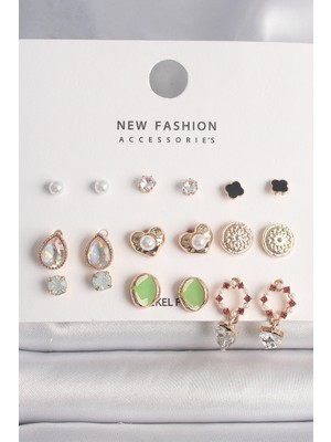 Net Damla Pirinç Gold Renk Damla Zirkon Taşlı Incili Kalp Detay 9 Çift Kadın Küpe Seti