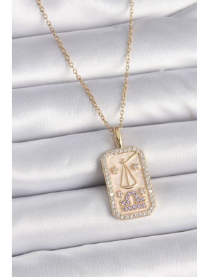 Net Damla 316L Çelik Gold Renk Zincir Terazi Burcu Zirkon Taşlı Kadın Kolye