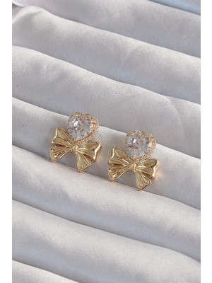 Net Damla Pirinç Gold Renk Zirkon Taşlı Kalp Model Fiyonk Küpe