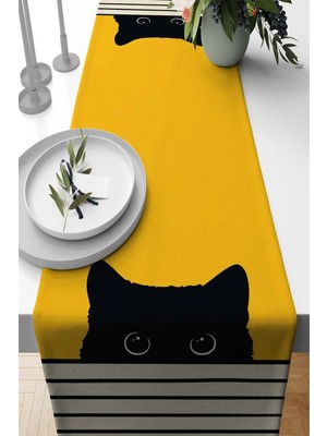 Mutlu Köşe Dijital Baskı Kedi Resimli Premium Dizayn Runner