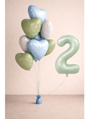 -2- Yaş Retro Yeşil Kalp Doğum Günü Seti