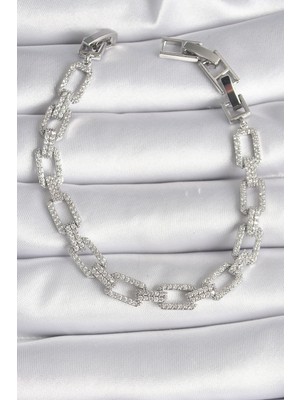 Net Damla Pirinç Gümüş Renk Zirkon Taşlı Zincir Model Vıp Seri Kadın Bileklik