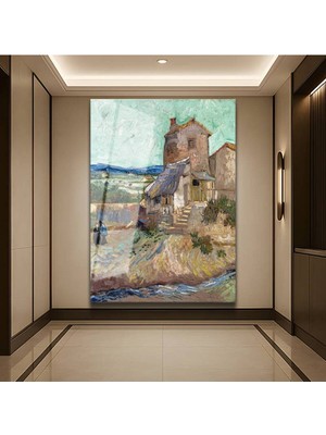 TosbArt Vincent Van Gogh Eski Değirmen Tarihi Yapı Temperli Cam Tablo Sanat Tablosu Dekoratif Tablo