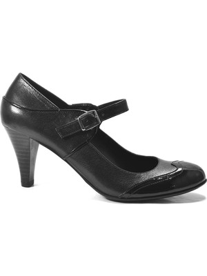 Onlo Ayakkabı 1705 Hakiki Deri Siyah Bantlı Kalın Topuklu Kadın Ayakkabı