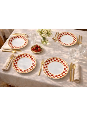 Porcelland Nara Kırmızı Desenli 21 cm Pasta Tabağı | 4’lü Porselen Servis Tabağı Seti