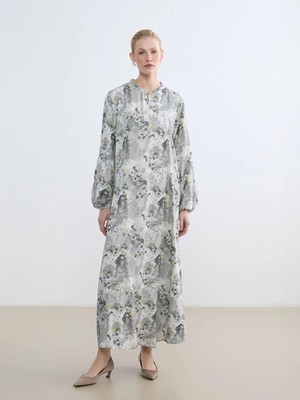 LC Waikiki Gri Hakim Yaka Fırfırlı Çiçekli Elbise  (S6)