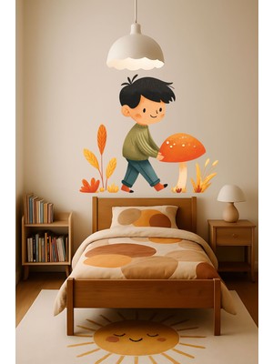 Sonbahar Temalı Erkek Çocuk Odası Duvar Sticker – Mantar Toplayan Çocuk Figürü, 50×42 cm