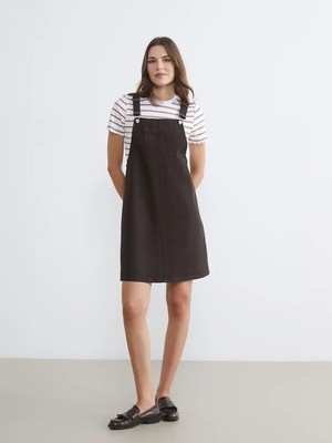 LC Waikiki Kahverengi Kare Yaka Askılı Jean Salopet Elbise  (S6)