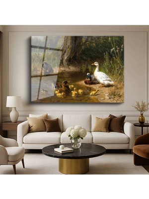 TosbArt Carl Jutz Göl Kenarı Ördekler Yavruları Doğa Resmi Temperli Cam Tablo Sanat Tablosu Dekoratif Tablo