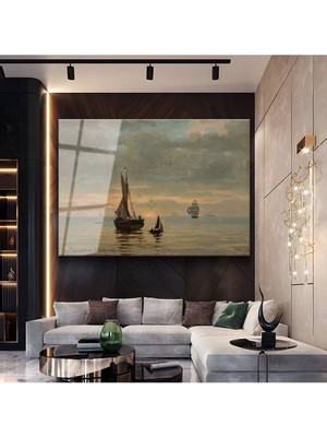 TosbArt Hendrik Willem Mesdag Gün Batımı Yelkenliler Temperli Cam Tablo Sanat Tablosu Dekoratif Tablo